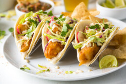 Takeaway Classic: Baja Fish Tacos with Citrus Slaw & Spicy Lime-Garlic Mayo