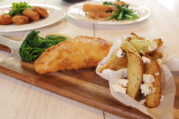 Tempura Barramundi fillets with Wedges