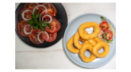 panko squid rings tomato and onion salad