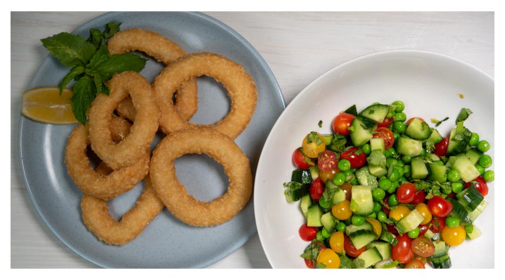 Panko Squid Rings w/ Lemon Aioli + Pea Salad