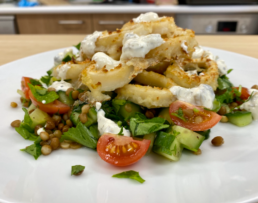 Panko Squid with Greek Lentil Salad