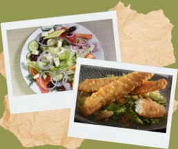 Greek Wedge Salad with beer battered Saltwater Barramundi Fillets